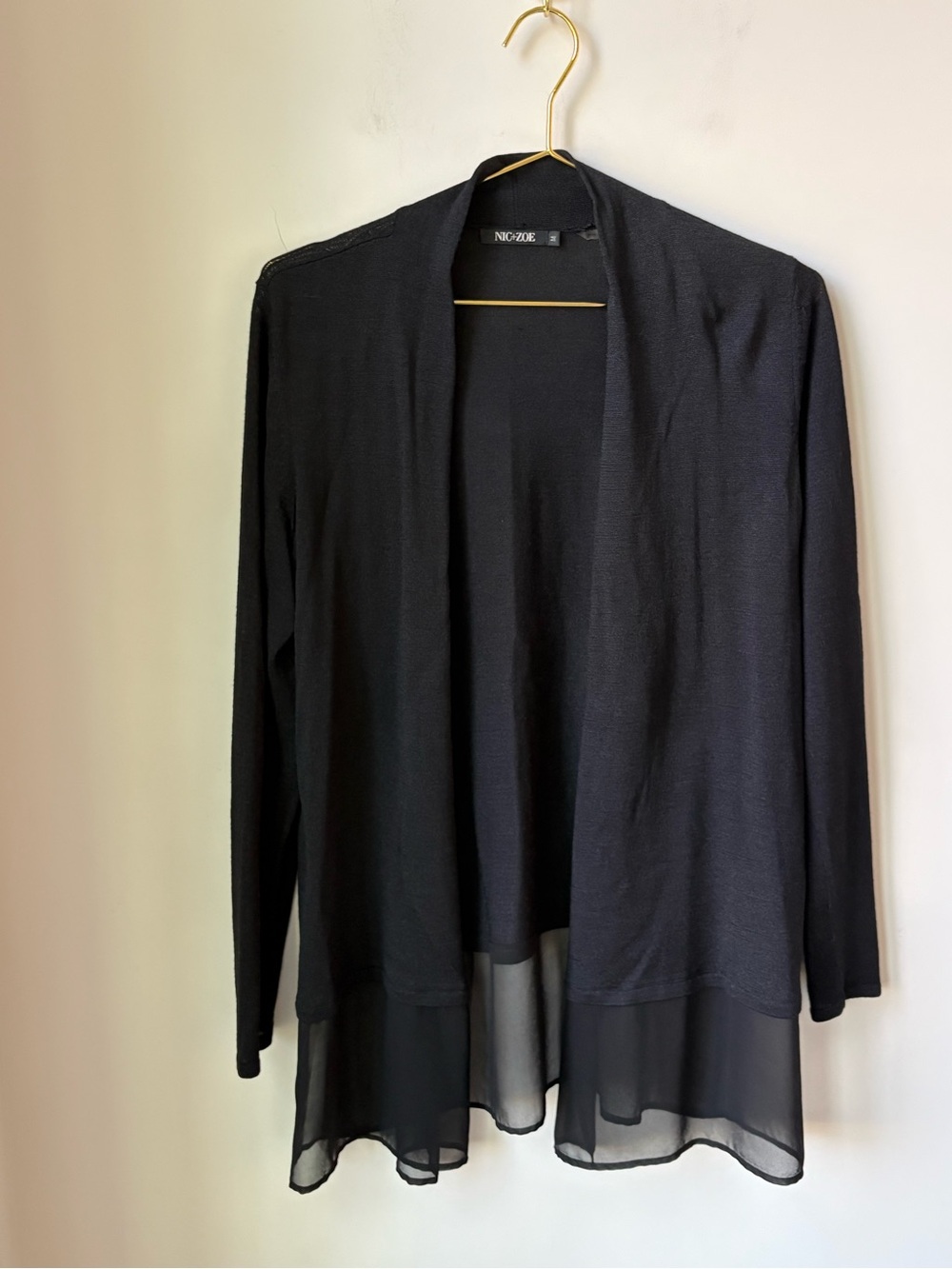 NIC + ZOE Silk Blend Open Front Cardigan Sweater in Black Sheer Hem Size M